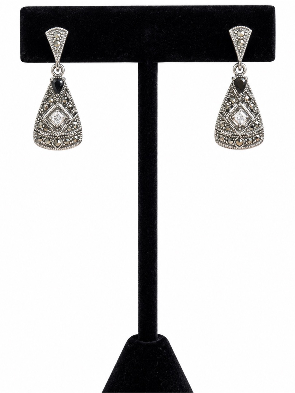 Silver Tone Marcasite Style Art Deco Drop Earrings 1”